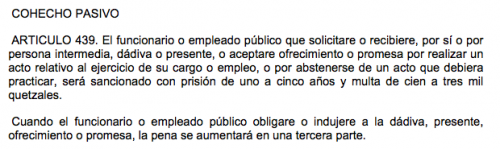 Art&iacute;culo del C&oacute;digo Penal de Guatemala que se&ntilde;ala el delito de cohecho. (Foto: OEA)