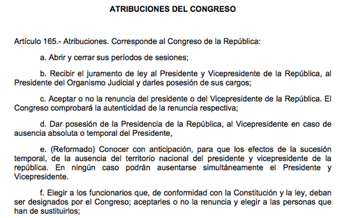 La renuncia de los gobernantes est&aacute; contemplada entre las atribuciones del Congreso en el Art&iacute;culo 165 de la Constituci&oacute;n. 