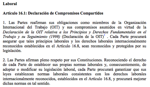Art. 16 del Tratado de Libre Comercio dedicado al cap&iacute;tulo laboral. (Foto: DR-CAFTA)