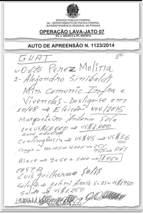 Este es el documento encontrado en una allanamiento en OAS en el cual se menciona una supuesta donaci&oacute;n de 1 mill&oacute;n de d&oacute;lares. y los nombres de Otto P&eacute;rez Molina y Alejandro Sinibaldi. 