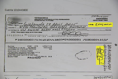 Este es el cheque de más de un millón de dólares que giró Otto Fernando Gramajo Antonio de la cuenta de su empresa Comercial Futura.