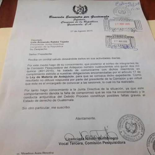 Imagen que comparti&oacute; la diputada en vista de la falta de compromiso de la comisi&oacute;n pesquisidora. (Foto: Nineth Montenegro)