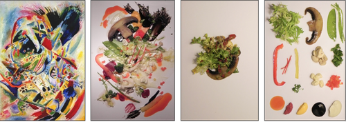 A 30 hombres y mujeres se les present&oacute; una de las tres ensaladas que conten&iacute;an ingredientes similares, arregladas de diferente manera para representar la obra de Kandinsky, una ensalada regular y una arreglada geom&eacute;tricamente. 