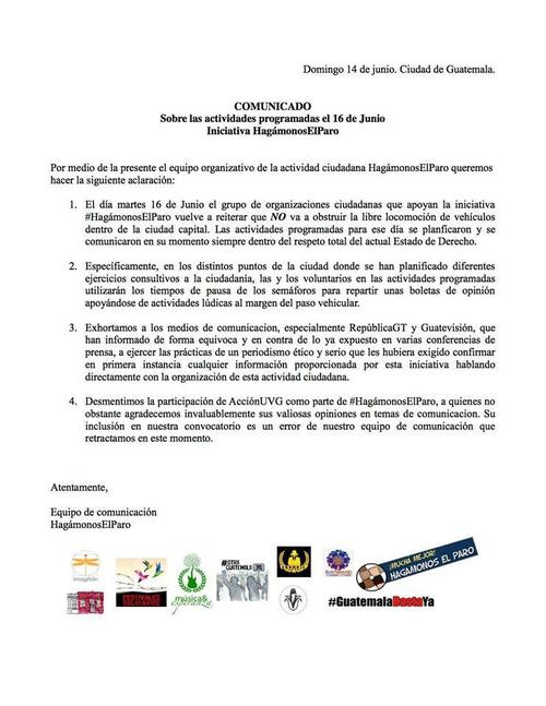 Comunicado oficial del movimiento organizador de #hagamoselparo sobre las actividades de ma&ntilde;ana. (Foto: Facebook)