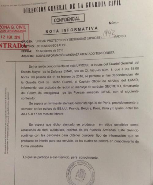 El documento de la Inteligencia Militar Espa&ntilde;ola. (Foto: Elconfidencial.com)