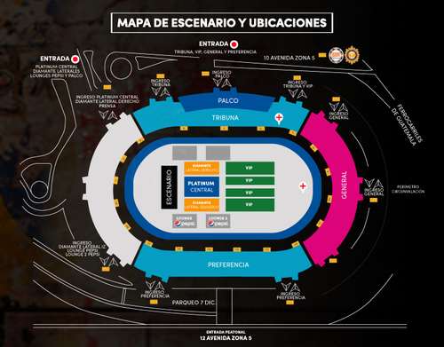 Este es el mapa de las ubicaciones para el concierto de Ricardo Arjona, el 8 y 9 de mayo de 2015. (Dise&ntilde;o: Showbusiness y Pepsi)