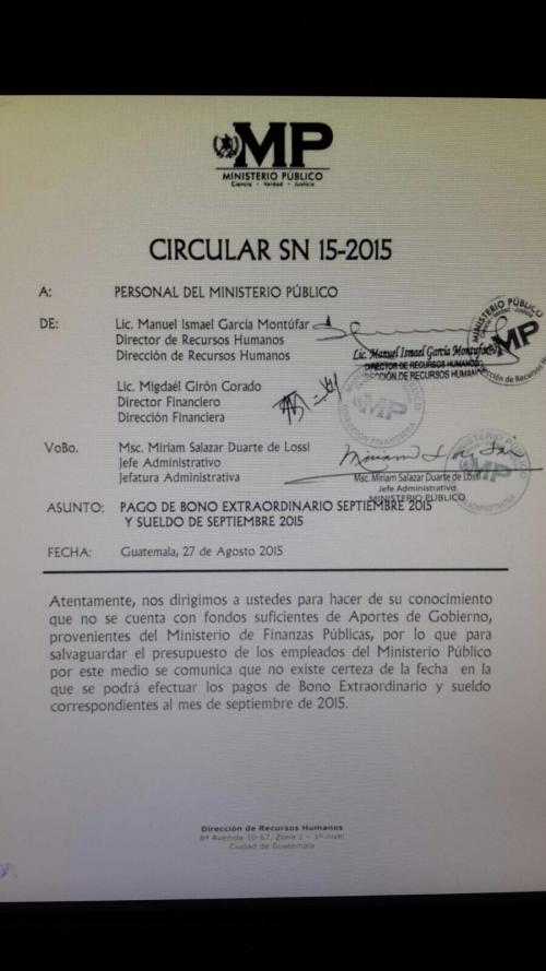 Esta es la copia de la circular que fue enviada a los fiscales. 