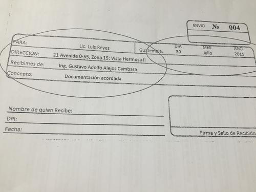 Vista de la nota de envío localizada junto al cronograma de estrategia de Gustavo Alejos. 