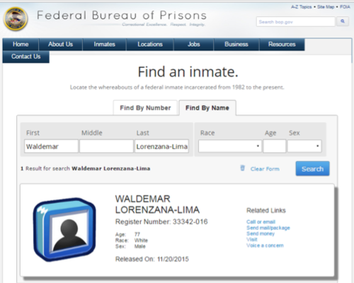 El Buró Federal de Prisiones de EE. UU. registra que excarceló a Lorenzana Lima el 20 de noviembre de 2015.
