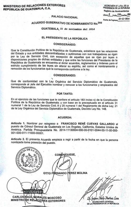 Francisco Cuevas, exsecretario  de Comunicación Social de la Presidencia, fue nombrado cónsul el 21 de noviembre de 2014. 