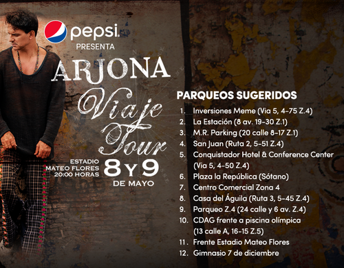 Estas son las direcciones de los parqueos cercanos al Estadio Mateo Flores, donde se llevar&aacute; a cabo el "Viaje Tour". (Dise&ntilde;o: Showbusiness y Pepsi)