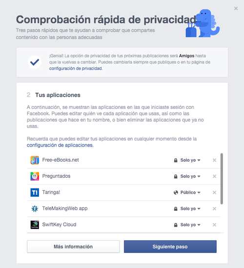 En este paso se comprobarán las aplicaciones, aquellas en las que se inició sesión con Faceebook. Se puede editar quien puede ver qué aplicaciones utilizas. 