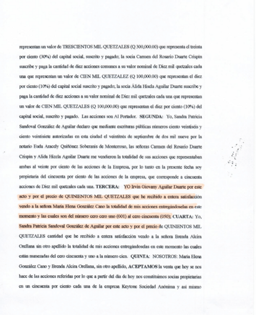 Sandoval y otra socia habrían comprado las acciones de Aguilar Duarte y sus familiares en Keytone, S.A. según un documento privado. (Foto: captura de pantalla/Acta de compra-venta)