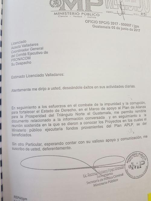 En esta nota oficial, el MP solicita información del financiamiento del MP en relación al Plan para la Prosperidad. 