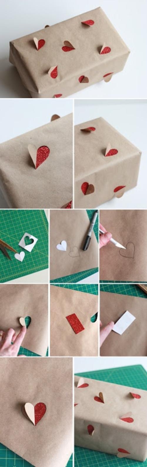 Corta algunas formas en el papel y coloca fondos de los colores correspondientes como corazones rojos y estrellas amarillas, para hacer un empaque econ&oacute;mico. (Foto: Pinterest)