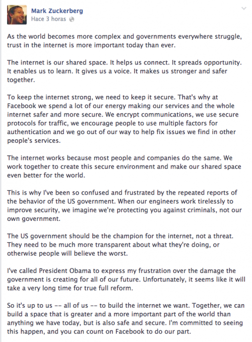 Éste fue el mensaje que posteó Mark Zuckerberg en el muro de su facebook. 