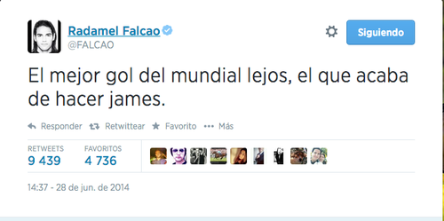 El mensaje de Twitter que escribi&oacute; el delantero colombiano Radamel Falcao. El "Tigre" ser perdi&oacute; el Mundial por lesi&oacute;n igual apoy&oacute; desde las redes sociales. 