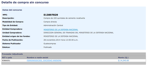 El 28 de noviembre, el Ejército compró 220 quintales de cemento. (Foto: Guatecompras/Soy502)