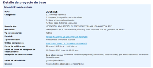 Este es el concurso publicado por Fonades en Guatecompras para la compra de 1 millon 500 mil quintales de fertilizante. (Foto: Guatecompras)