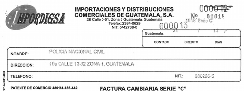 Factura emitida por Impordigsa a la PNC. Tiene la misma dirección que Mahabi Inversiones. (Foto: Soy502)