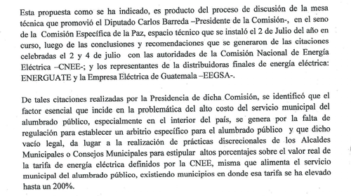 Parte de la exposición de motivos de la iniciativa de Ley que busca bajar el cobro del alumbrado público. (Foto: Soy502)