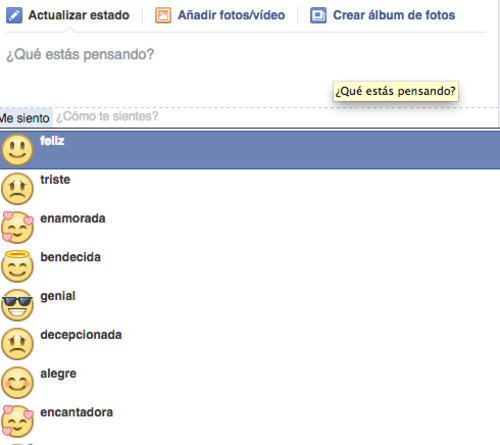 Estas son algunas de las opciones que genera Facebook para que compartas "C&oacute;mo te sientes"
