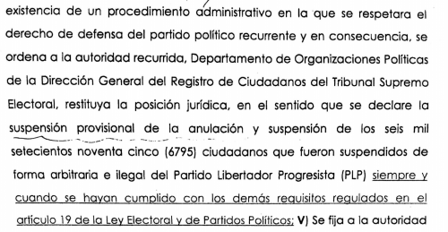 Este es parte del texto del Amparo Provisional que se le otorg&oacute; al PLP y que podr&iacute;a ayudarle a participar en las elecciones de 2015. (Foto: Soy502)