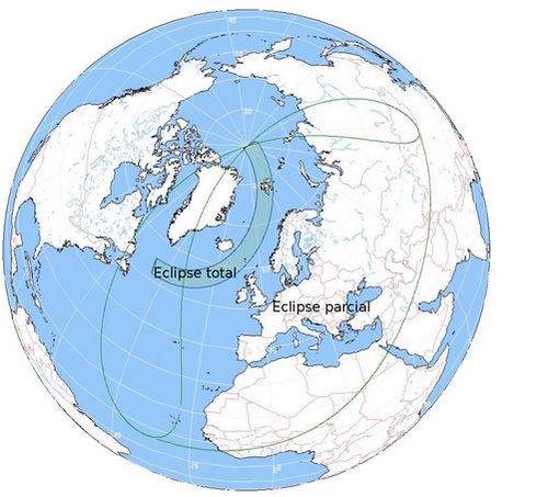 Este mapa muestra el lugar donde el eclipse ser&aacute; total y en que lugares se observar&aacute; parcial. (Foto: Instituto Geogr&aacute;fico Nacional de Espa&ntilde;a)