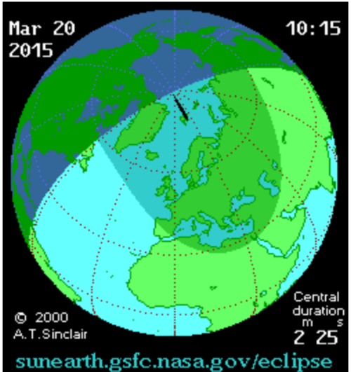 Mapa donde se muestra como la sombra de la luna se extender&aacute; sobre la Tierra. (Foto: NASA)