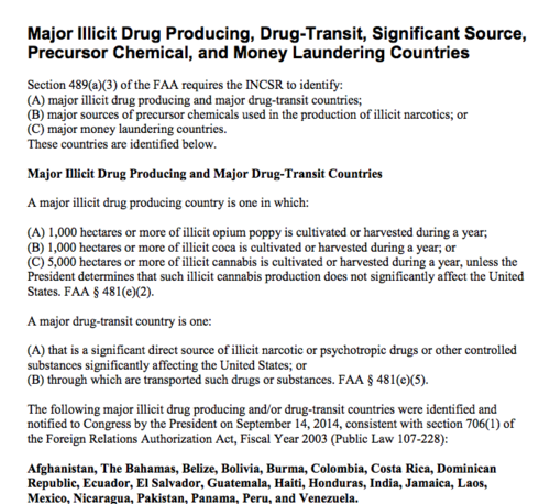 En la imagen del documento Estados Unidos coloca en una lista a los pa&iacute;ses que m&aacute;s le preocupan en materia de producci&oacute;n de drogas.  (Foto: Soy502)