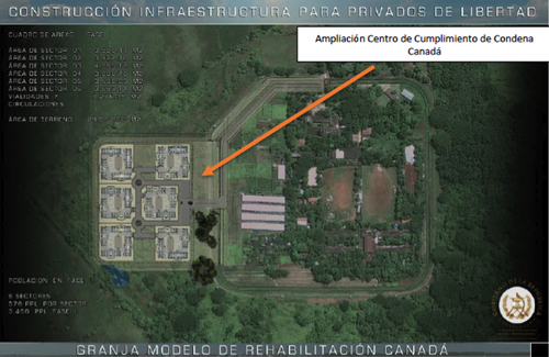 Vista aérea de la Granja Canadá, ubicada en Escuintla, y el lugar donde se ubicarán los 24 módulos. (Imagen: MinGob) 