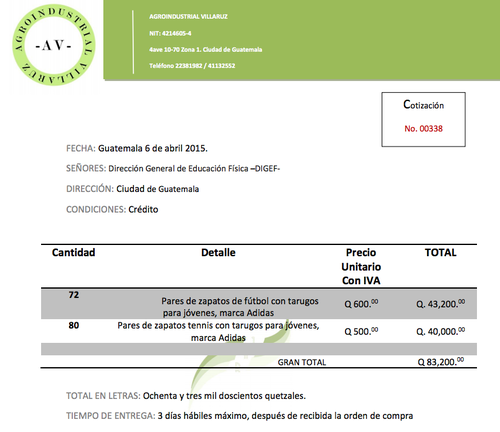 Esta es la cotización que ganó el concurso de la compra de zapatos de fútbol y tenis, publicada en Guatecompras. 