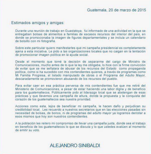 Desde el primer momento, Alejandro Sinibaldi ha tomado distancia con las bolsas de víveres donde aparecía su imagen y que motivaron la sanción económica a su partido.  (Foto: Soy502)