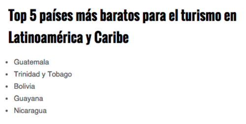 Este es el listado del Top 5 de los pa&iacute;ses m&aacute;s baratos para el turismo.  (Foto: Soy502) 