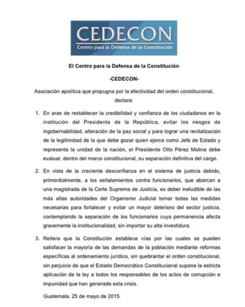 Este es el comunicado de Cedecon respecto a la solicitud de renuncia del presidente Otto P&eacute;rez Molina. 
