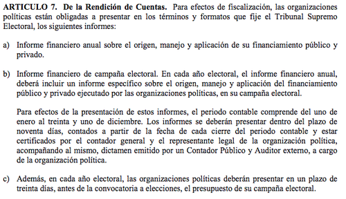 Este es el art&iacute;culo que pide la presentaci&oacute;n del presupuesto de campa&ntilde;a electoral y que no se cumplir&aacute;.