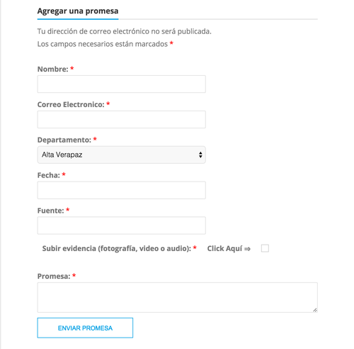 Este es el formulario que se puede llenar para publicar las promesas de los candidatos. También se pueden agregar fotografías y vídeos. 