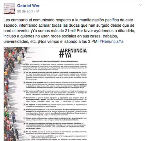 En las publicaciones de Facebook de Wer se aclaran varios puntos de las protestas pac&iacute;ficas que se desarrollan desde el 25 de abril.  (Foto: Facebook/Gabriel Wer) 