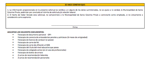 Este es el listado oficial de documentos que se pide adjuntar a la solicitud de empleo de la Municipalidad de Santa Catarina Pinula, según se puede descargar de la página de la alcaldía.