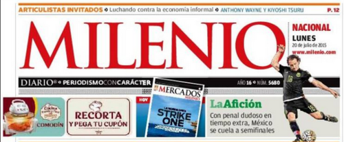 Con un dudoso penal M&eacute;xico avanza a semifinales, publica Milenio.  (Foto: Soy502) 