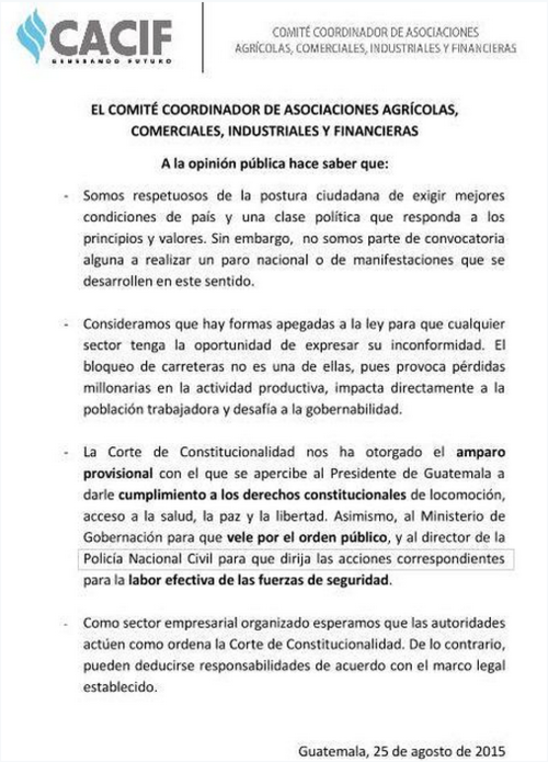 Los empresarios informaron que no son partícipes del llamado al paro nacional.  (Foto: CACIF) 