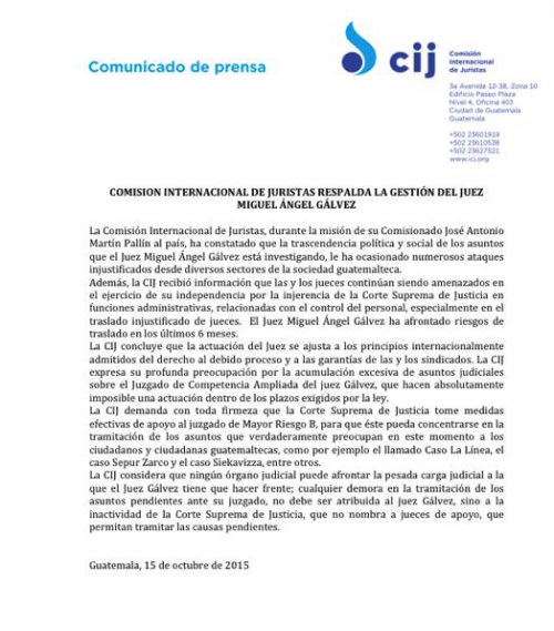 La CIJ emiti&oacute; un comunicado de prensa para respaldar al Juez Miguel &Aacute;ngel G&aacute;lvez.  (Foto: Soy502) 