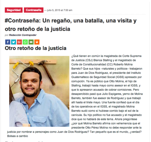 La revista Contrapoder publicó que Espigares López fue asesor del hoy detenido Juan de Dios Rodríguez, ex presidente del IGSS. 