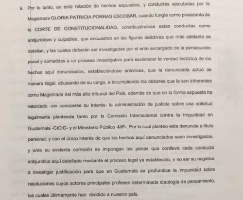 Parte de la denuncia interpuesta contra Gloria Porras.
