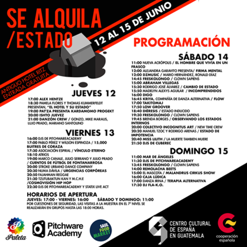 Esta es la agenda oficial del festival de arte "Se Alquila" que se apropia de edificios en abandono para transformarlos en centros de arte y cultura. (Dise&ntilde;o: Se Alquila oficial) 