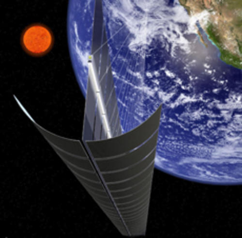 Este es un bosquejo realizado en base a las ideas de Ysuyuki Fukumuro, el cual recogería la luz solar en una órbita geoestacionaria para convertirla en radiación electromagnética en forma de microondas o rayos laser.  (Foto: JAXA)