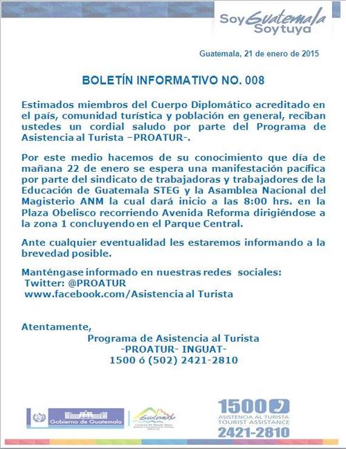 El Programa de Asistencia al Turista informó en su muro de Facebook sobre la manifestación que realizarán los docentes del magisterio.