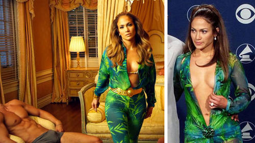 El vestido de Versace que Jennifer López llevó a los premios Grammy en el 2000, el cual acaparó la atención, es similar al usado en el video (Foto: Telemundo)