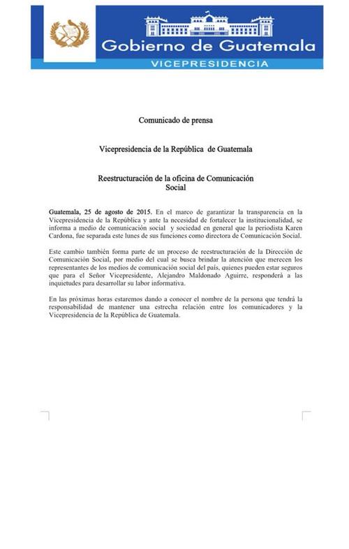 Este es el comunicado que emiti&oacute; la Vicepresidencia de la Rep&uacute;blica respecto a Karen Cardona.  (Foto: Vicepresidencia) 