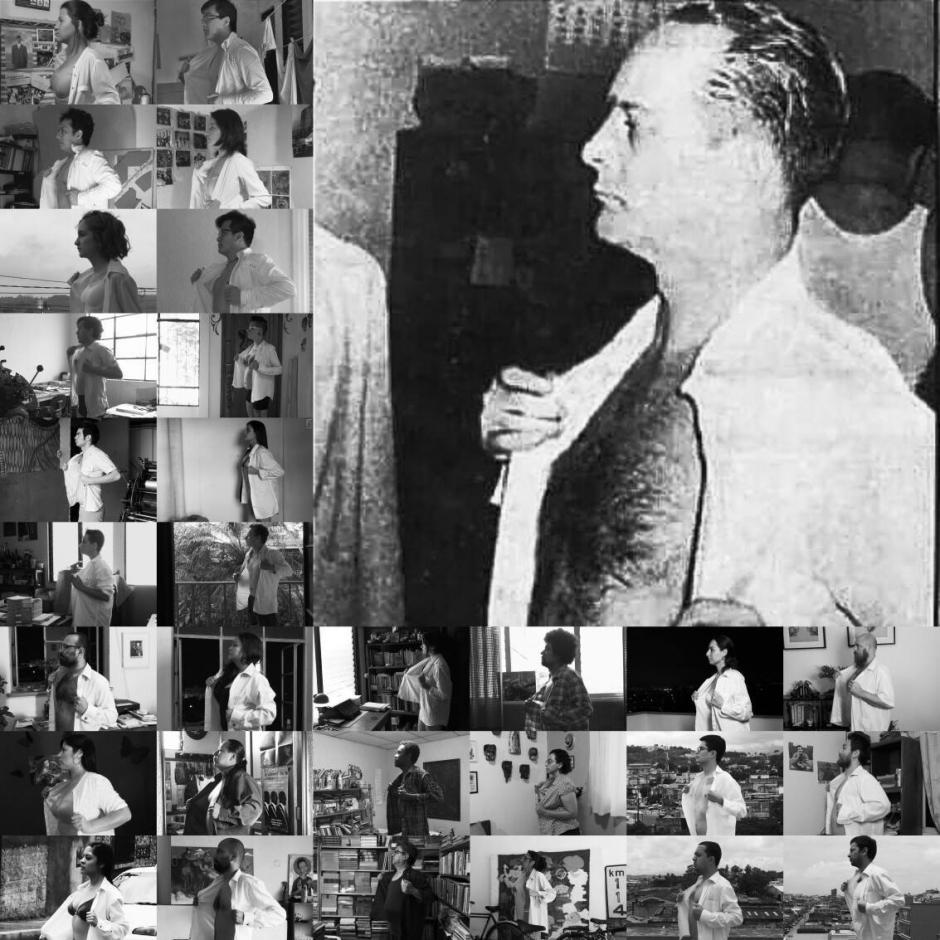 Algunos de los fotografiados junto a la imagen hist&oacute;rica de Arbenz en el aeropuerto. (Imagen: Alejandro Anzueto)